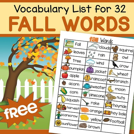 Fall vocabulary list, words and pictures - 32 words. 