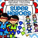 Superheroes theme upper and lower case alphabet matching center - match shields to heroes.
